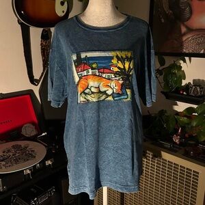 Vintage Michael Leu Collection Acid Blue Wash Sleepy Cat Cotton Tshirt.